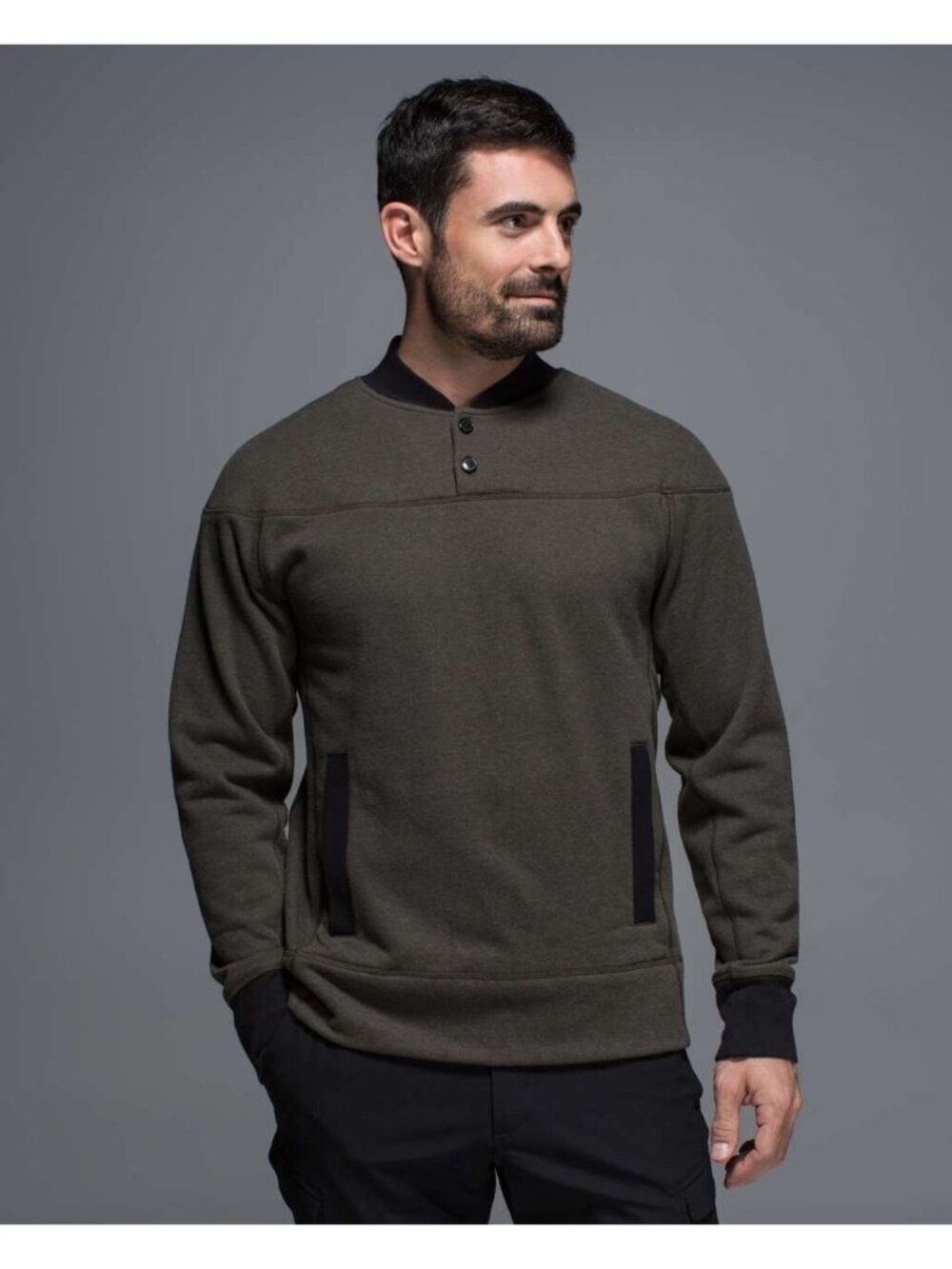 Lululemon Mens Olive Green Pullover Sweater With Thumbholes Ribbed Cuffs & Stand